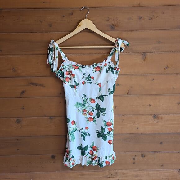 Cider Strawberry Summer Ruffle Tie Shoulder Bow Mini Dress Bustier Small Boho - Picture 2 of 5